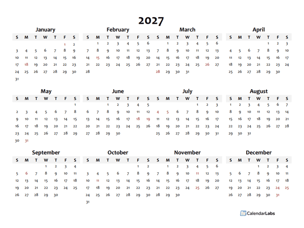 2027 Yearly Blank Calendar Template