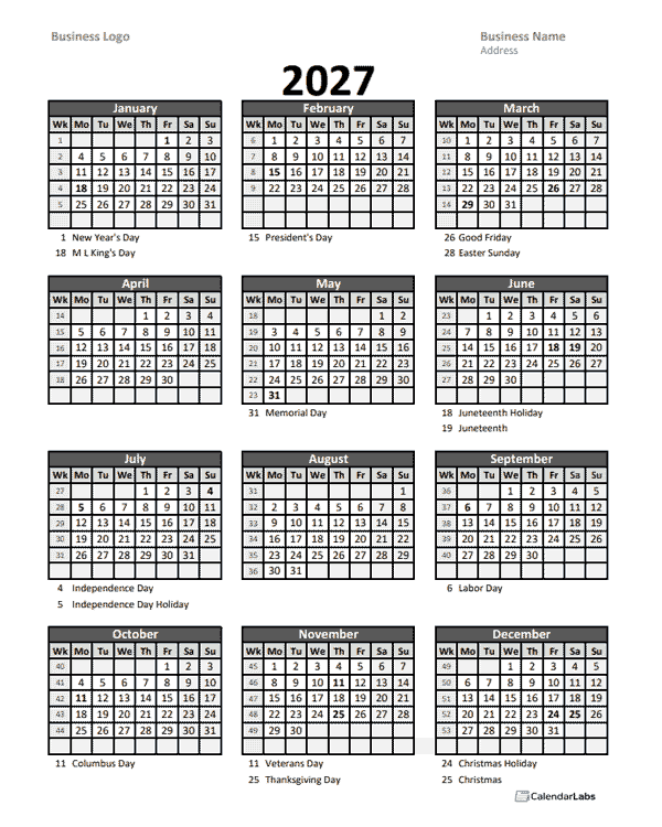 2027 Yearly Business Calendar With Week Number