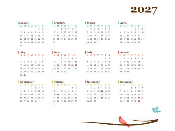 2027 Yearly Calendar Bird Template