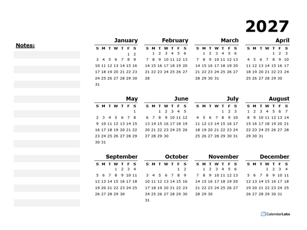 2027 Yearly Calendar Blank Minimal Design