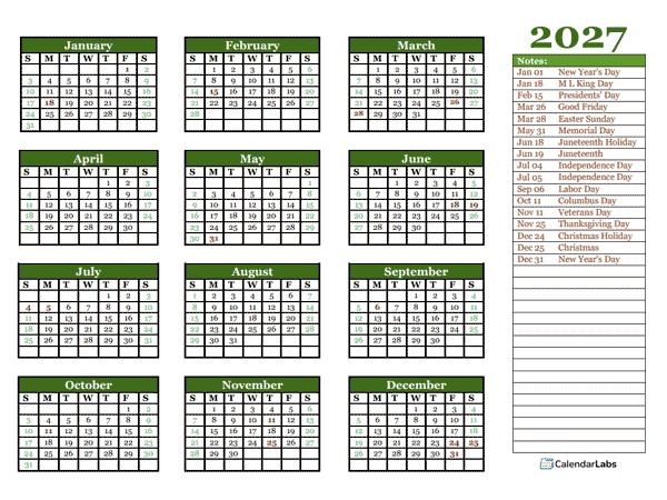 Editable 2027 Yearly Calendar Landscape