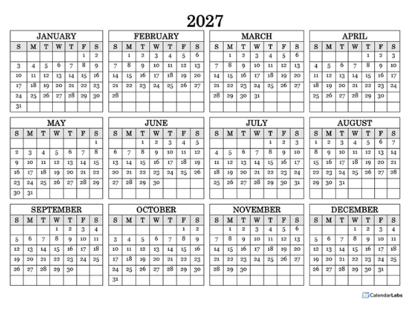 2027 Blank Yearly Calendar Landscape