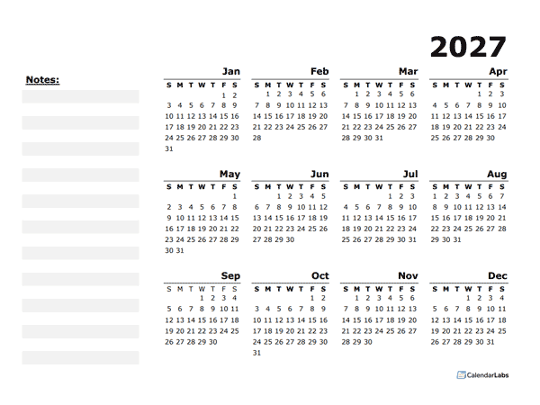 2027 Yearly Calendar Minimal Design