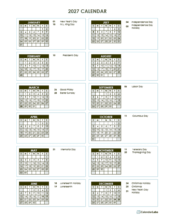 2027 Full Year Calendar Vertical Template