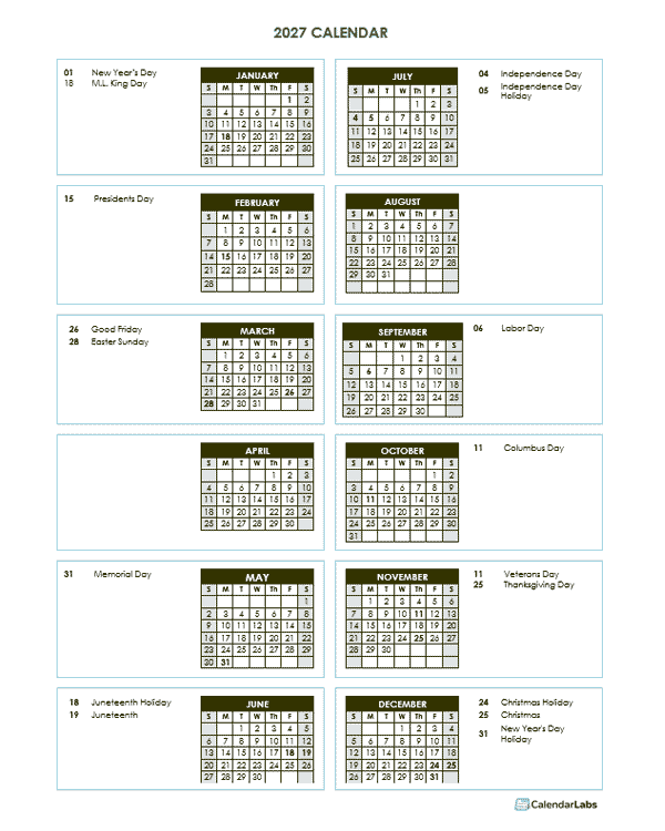 2027 Annual Calendar Vertical Template