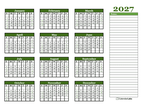 2027 Yearly Calendar With Blank Notes