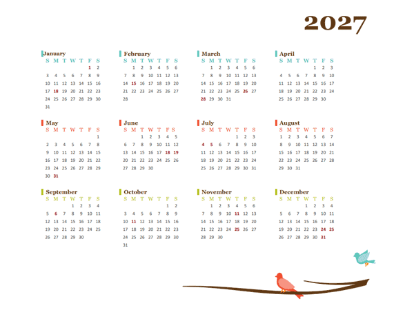 2027 Yearly Editable Word Calendar Template