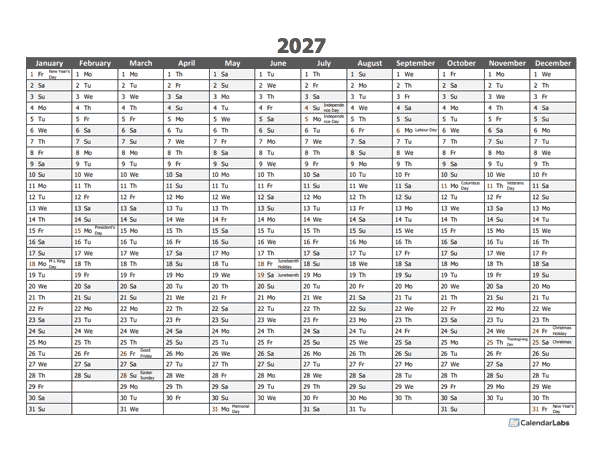 Editable 2027 Yearly Excel Scheduling Calendar