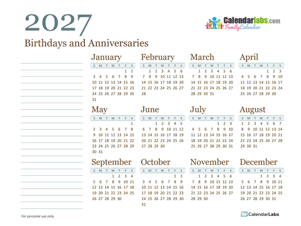 2027 Yearly Family Calendar