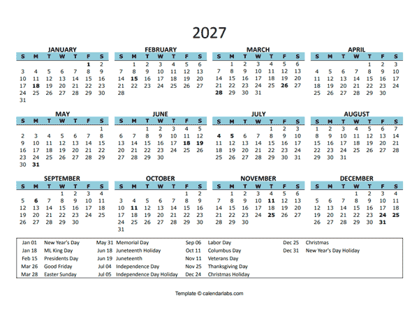 2027 Yearly Google Docs Calendar With Holiday