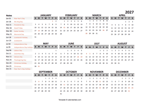 2027 Yearly Google Docs Calendar Template