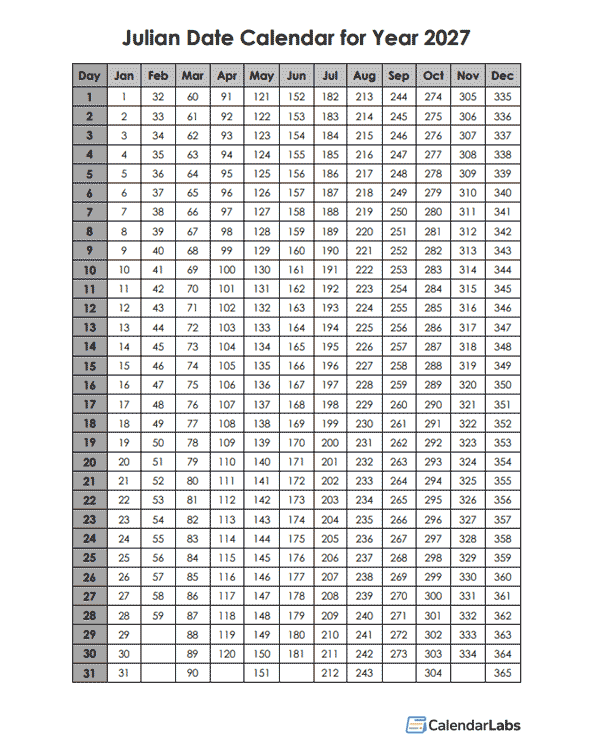 2027 Yearly Julian Calendar