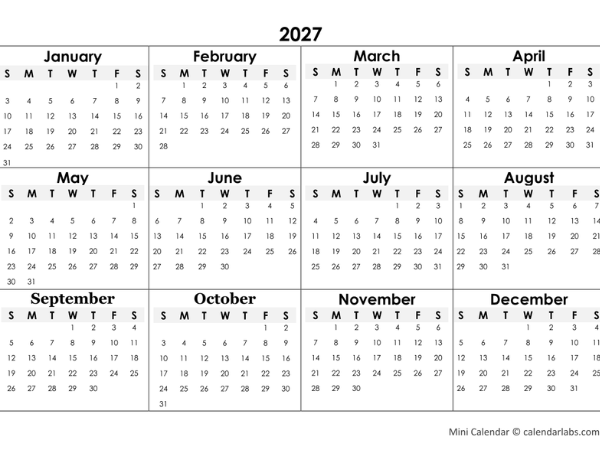 2027 Yearly Mini Calendar Template