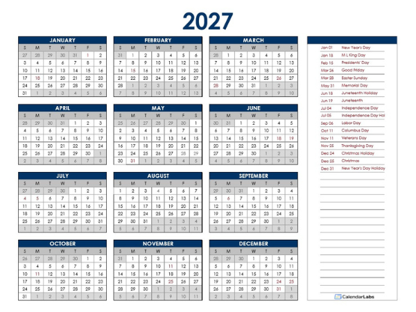 2027 Yearly PDF One Page Calendar