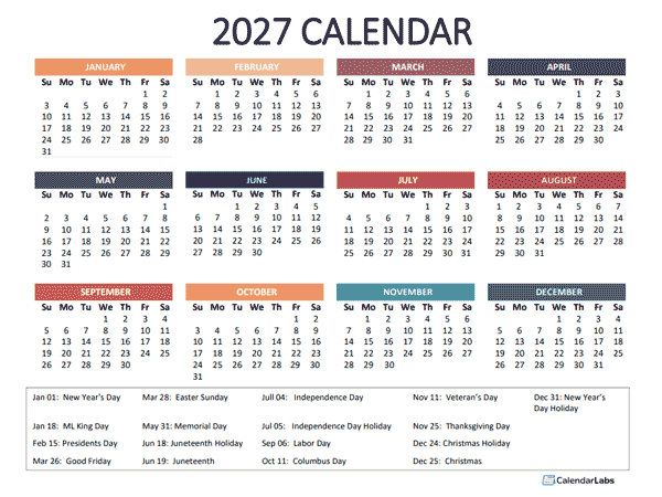 2027 Yearly Powerpoint Calendar Slide