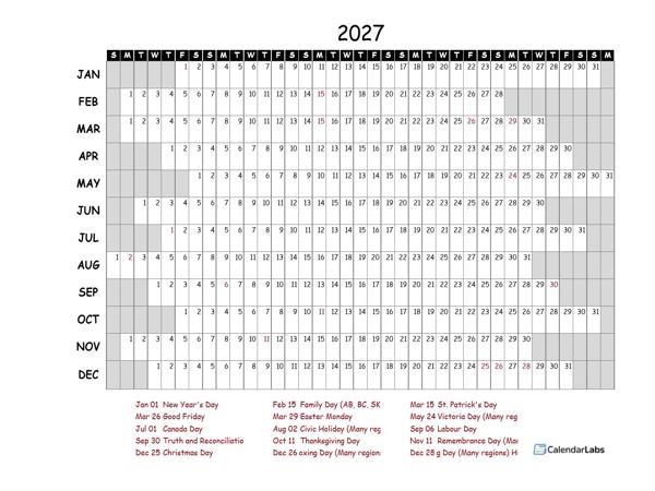 2027 Yearly Project Timeline Calendar Canada