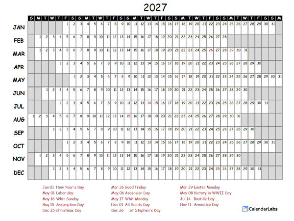 2027 Yearly Project Timeline Calendar France