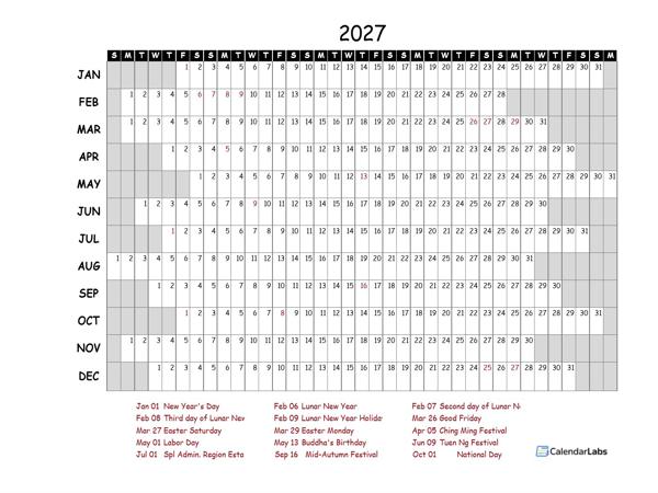 2027 Yearly Project Timeline Calendar Hong Kong