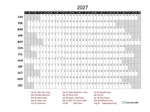 2027 Yearly Project Timeline Calendar India