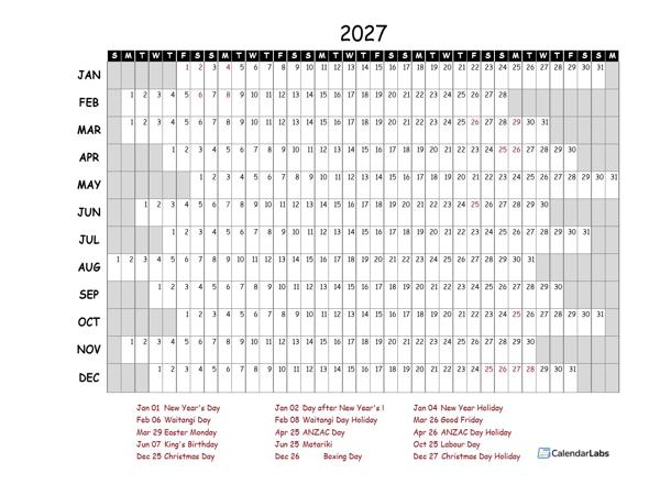2027 Yearly Project Timeline Calendar New Zealand