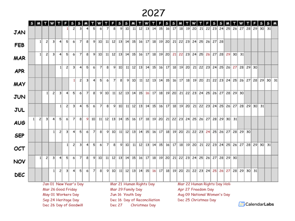 2027 Yearly Project Timeline Calendar South Africa