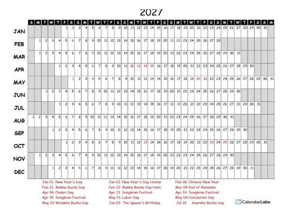 2027 Yearly Project Timeline Calendar Thailand