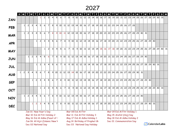 2027 Yearly Project Timeline Calendar UAE