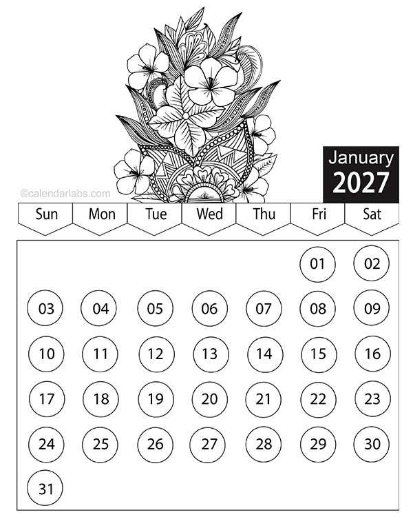 Free 2027 Floral Coloring Calendar