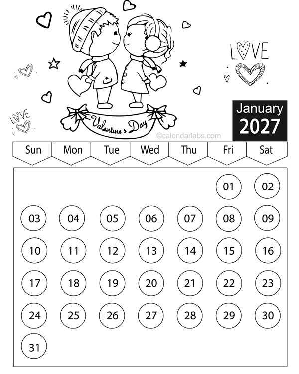 Valentines Day 2027 Coloring Calendar