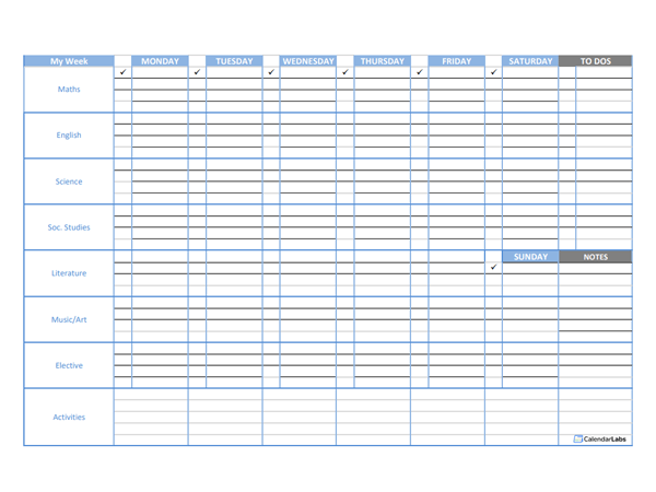 Weekly Student Calendar