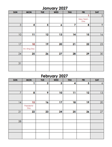 2027 2 Months Calendar Template