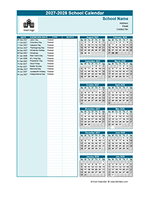 2027-2028 Aug-Jul Yearly School Calendar Template Excel