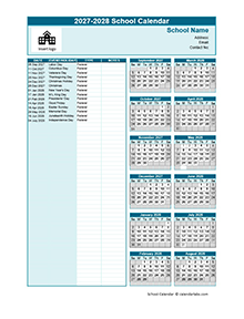 2027-2028 Sep-Aug Yearly School Calendar Template Excel