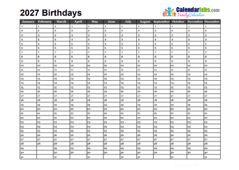 2027 Birthday Calendar Template