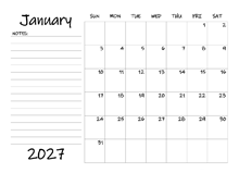 2027 Blank Calendar Template With Notes