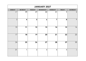 2027 Blank Monthly Calendar