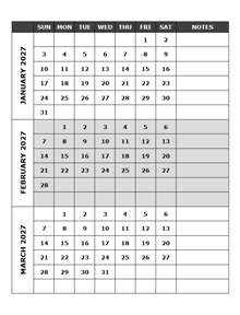 2027 Blank Quarterly Calendar