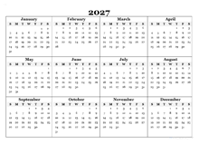 2027 Blank Yearly Calendar Template