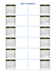 2027 Blank Yearly Calendar Template Vertical Design