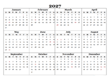 2027 Blank Yearly Calendar Template
