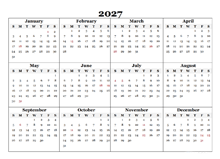 2027 Blank Yearly Word Calendar Template