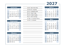 2027 Calendar Template 6 Months Per Page