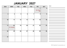 2027 Calendar with India Holidays PDF