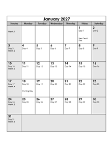 2027 Calendar With Julian Dates
