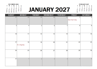 Monthly 2027 Excel Calendar Planner