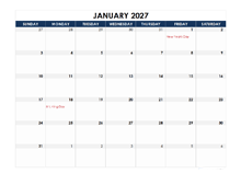 2027 Excel Calendar Spreadsheet Template