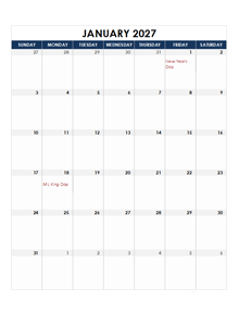 2027 Excel Monthly Calendar Template