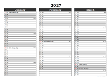 Editable 2027 Excel Three Month Calendar