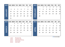 2027 Four Month Calendar with Mexico Holidays
