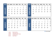 2027 Four Month Calendar with South Africa Holidays